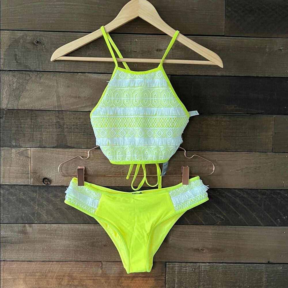NWT Aerie Women's Neon Yellow Fringe Lace High Neck Bikini Swimsuit Size S/M